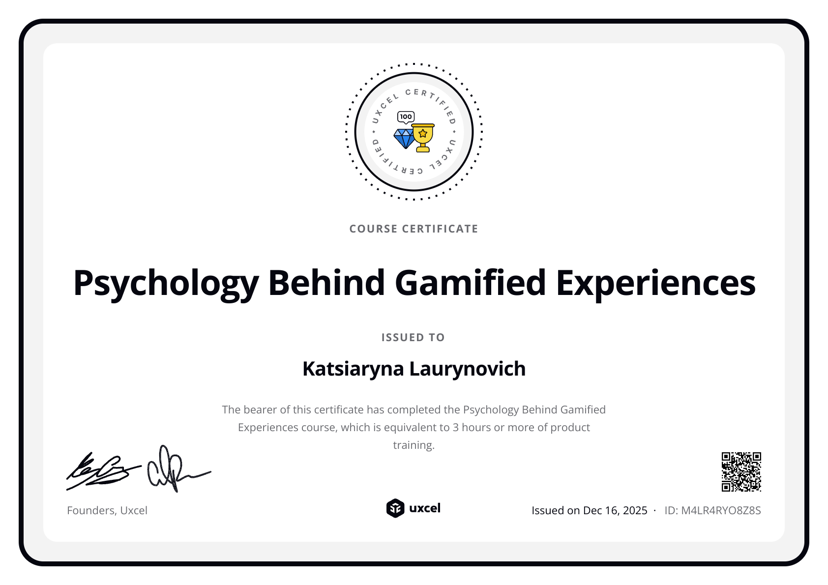 Katsiaryna Laurynovich's certificate